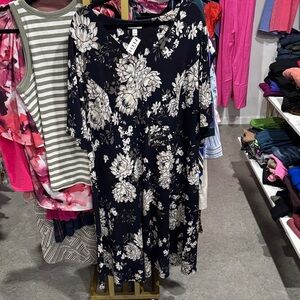 Charter Club Navy Midi Dress with Cream Floral Print